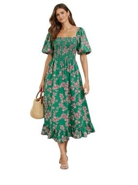 J. Crew Green Floral Smocked Midi Dress with Puff Sleeves